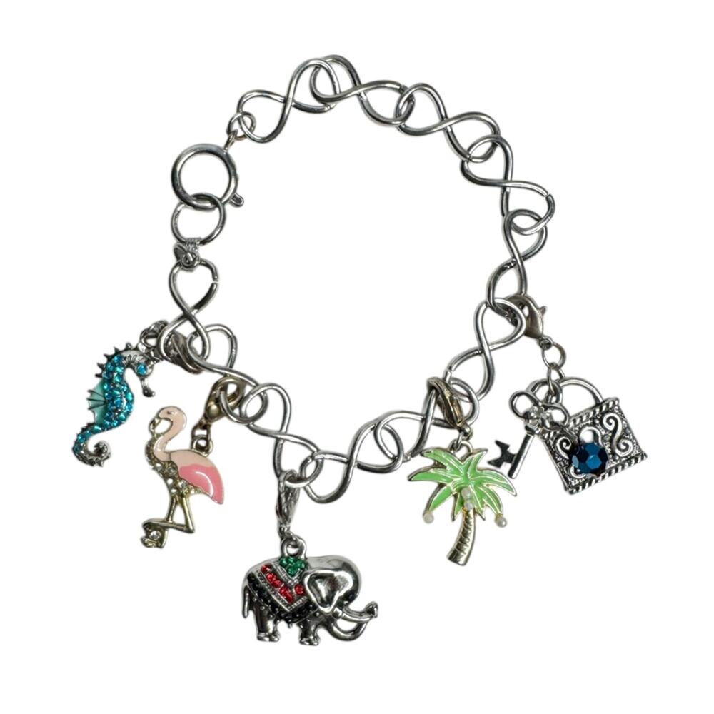 Vintage Y2K Silver Tone Summer Charm Bracelet Palm Tree‎ Flamingo Seahorse Beach